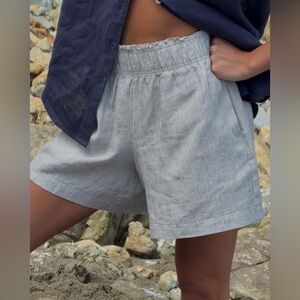 Quince 100% European Linen High Waisted Shorts- Blue Pinstripe